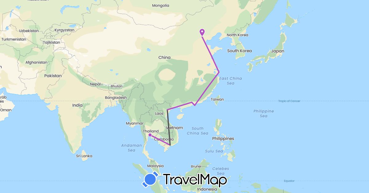 TravelMap itinerary: train, motorbike in China, Thailand, Vietnam (Asia)